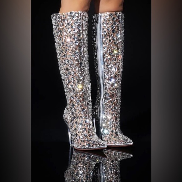 •Honey• Tall Embellished PVC Chunky Heel Boots by Azalea Wang - Picture 5 of 6